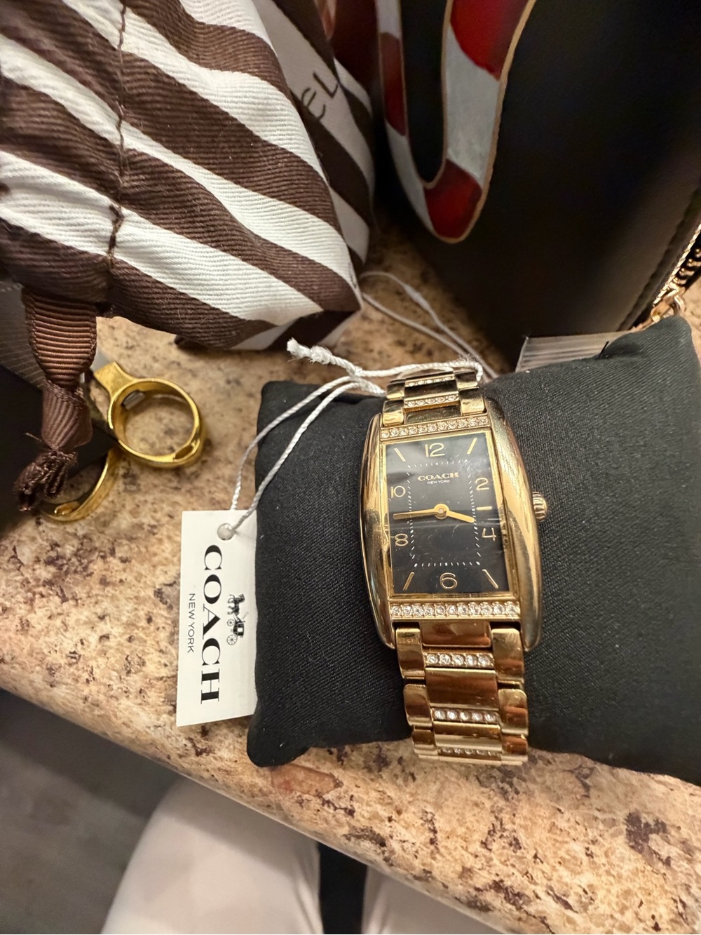 Coach Gold and Black Rectangular Crystal-Accent Bracelet Watch